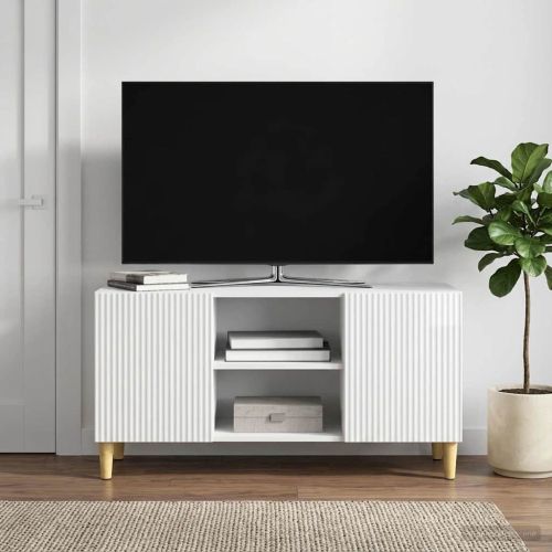 ТВ шкаф 102 x 34,5 x 50 см Бял гланц Инженерна дървесина