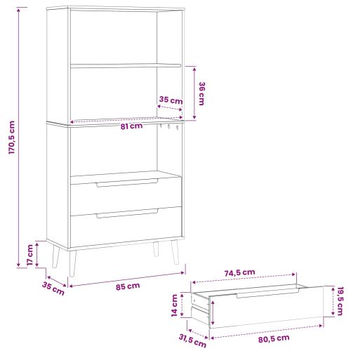 Библиотека MOLDE 85 x 35 x 170,5 см Масивна борова дървесина