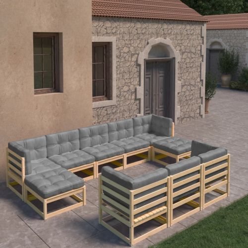Градински лаундж комплект, 10 части, с възглавници, масив бор