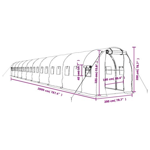 Оранжерия със стоманена рамка бяла 40 м² 20x2x2 м