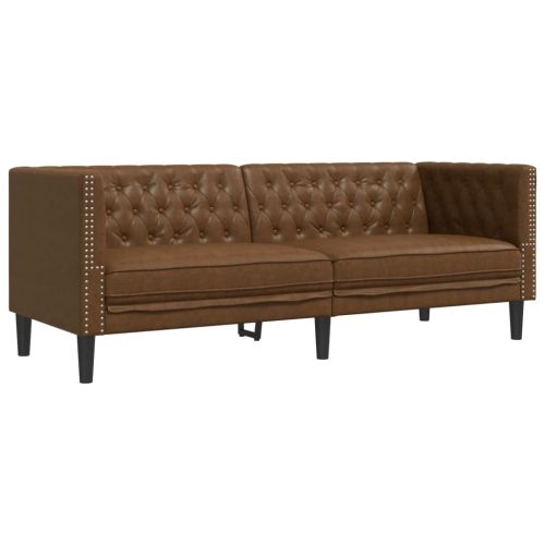 Диван Chesterfield с 3 седалки Кафява изкуствена велурена кожа