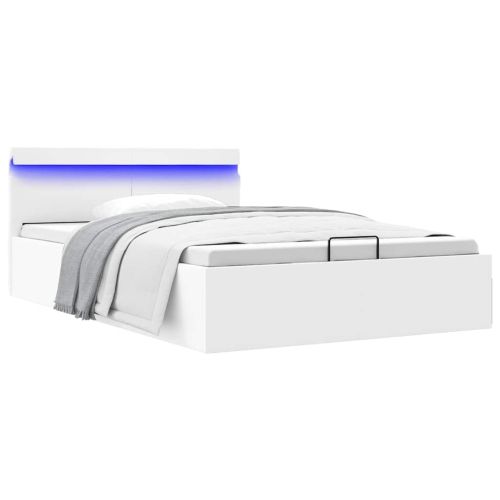 Легло с повдигащ механизъм и LED бяло еко кожа 120x200 cм