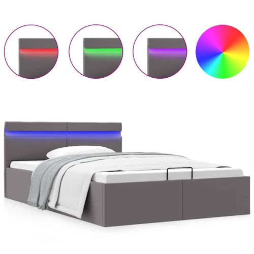 Легло с повдигащ механизъм и LED сиво еко кожа 140x200 cм