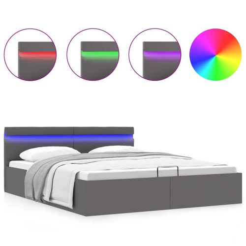 Легло с повдигащ механизъм и LED сиво еко кожа 160x200 cм
