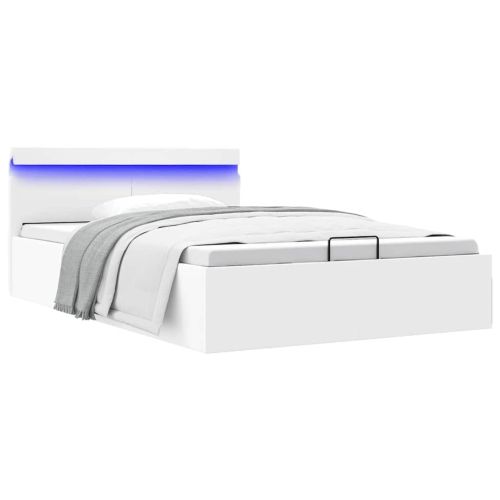 Легло с повдигащ механизъм и LED бяло еко кожа 140x200 cм