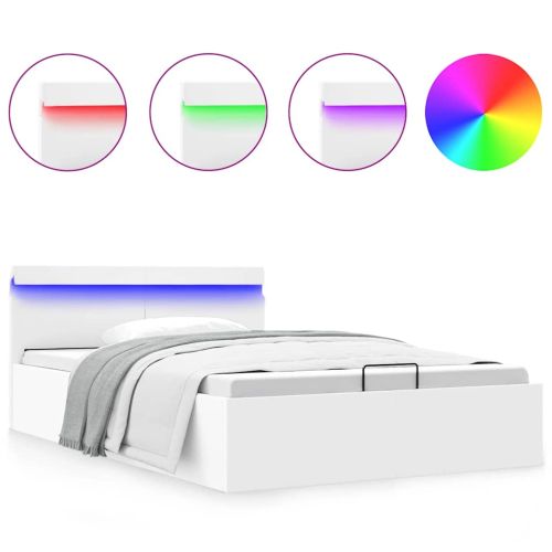 Легло с повдигащ механизъм и LED бяло еко кожа 140x200 cм