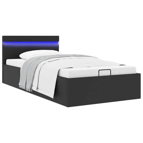 Легло с повдигащ механизъм и LED черно еко кожа 90x200 cм