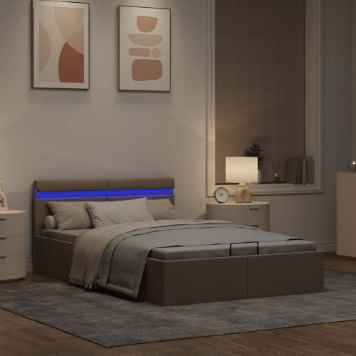 Легло с повдигащ механизъм и LED таупе текстил 140x200 см