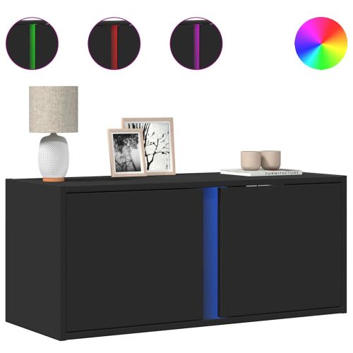 Стенен ТВ шкаф с LED осветление, черен, 80x31x35 см
