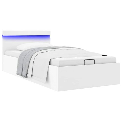 Легло с повдигащ механизъм и LED бяло еко кожа 100x200 cм
