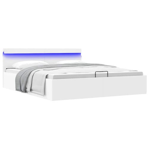 Легло с повдигащ механизъм и LED бяло еко кожа 160x200 cм