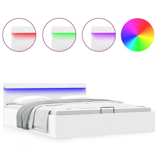 Легло с повдигащ механизъм и LED бяло еко кожа 160x200 cм