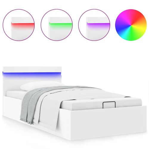 Легло с повдигащ механизъм и LED бяло еко кожа 90x200 cм