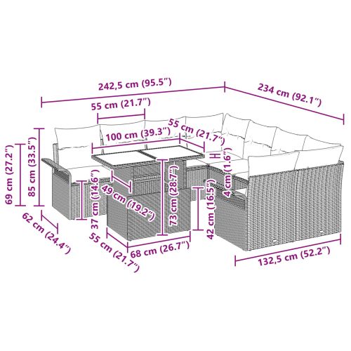 Градински Софа Комплект с възглавница 9 pcs Черно Полиратан