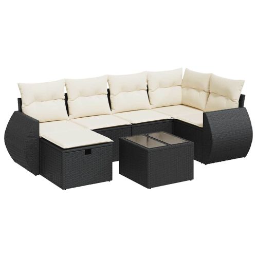 Градински комплект диван с възглавници 7 части черен полиратан