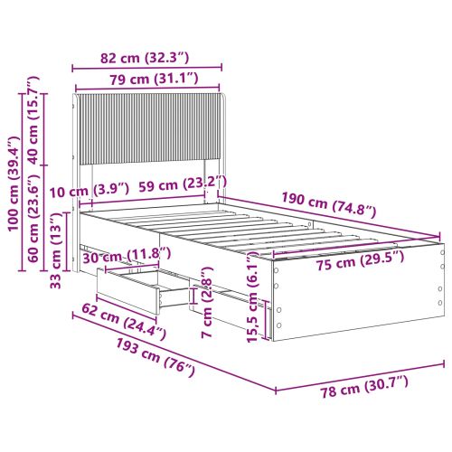Рамка за легло с място за съхранение и табла Черно 75 x 190 cm