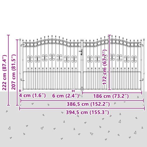 Оградна порта KAMPEN с връх тип копие, черна, 394,5x172 см, стомана