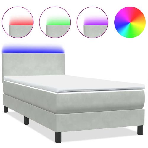 Боксспринг легло с матрак и LED, светлосиво, 90x220 см, кадифе