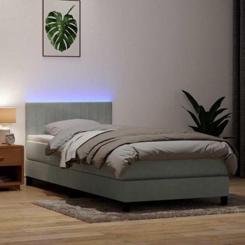 Боксспринг легло с матрак и LED, светлосиво, 90x220 см, кадифе