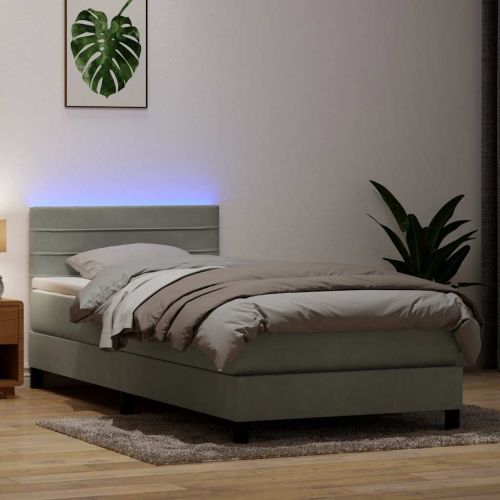 Боксспринг легло с матрак и LED, светлосиво, 90x220 см, кадифе