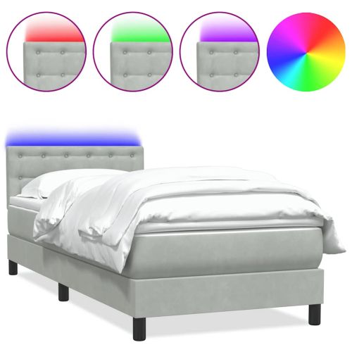 Боксспринг легло с матрак и LED, светлосиво, 90x220 см, кадифе
