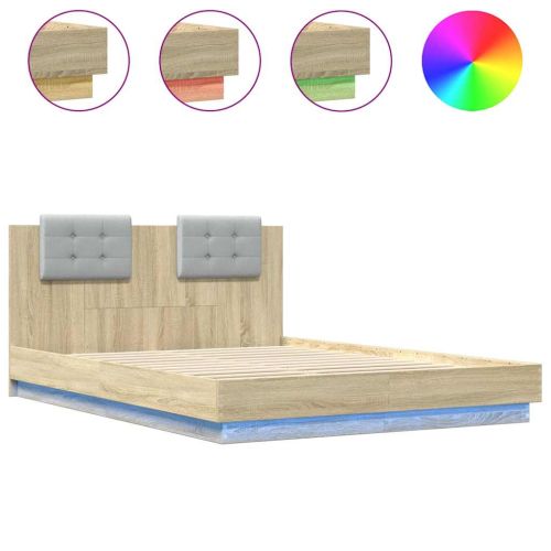 Рамка за легло с табла и LED осветление, дъб сонома, 120x200 см