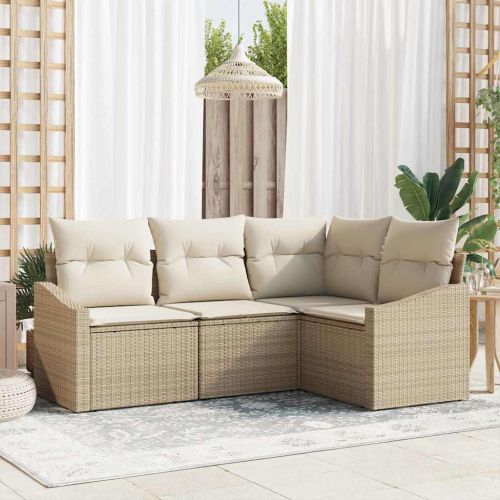 Градински Софа Комплект 4 бр. Бежов и бял полиратан