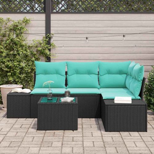 Градински Софа Комплект Черен и Туркоаз полиратан