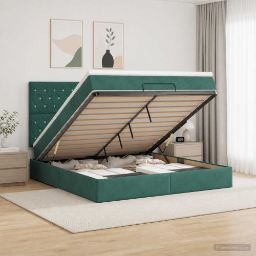 Отоман с матрак и LED с таблото Тъмнозелено 140 x 190 cm Кадифе