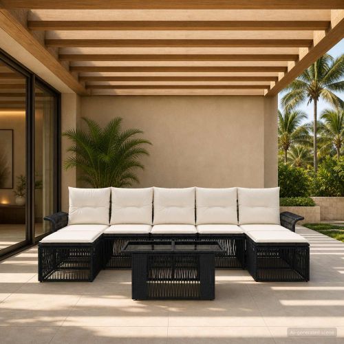 Градински Софа Комплект 8 бр. Черно и кремаво бяло полиратан