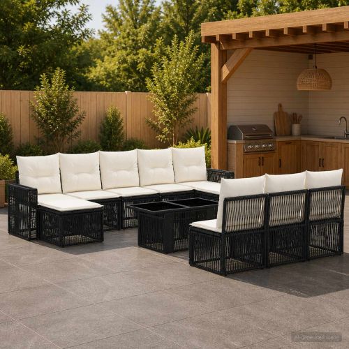 Градински Софа Комплект 11 бр. Черно и кремаво бяло полиратан