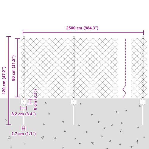 Оградна мрежа със стълб 25 x 0,8 m Поцинкована стомана Сиво