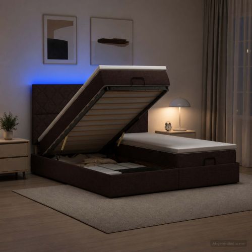 Отоман с матрак и LED Тъмен кафяв 200 x 200 cm Текстил