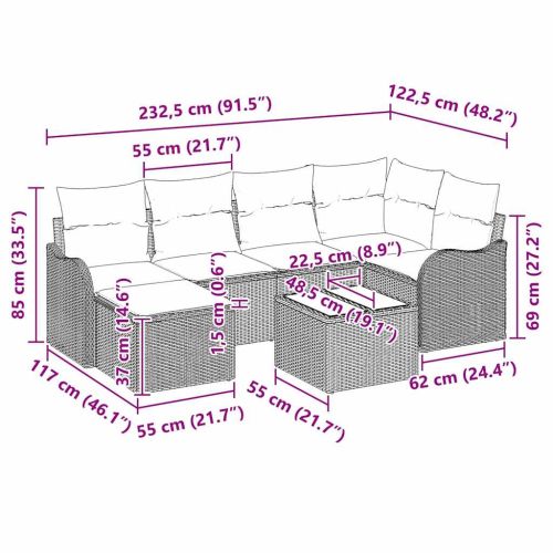 Градински Софа Комплект с възглавница 7 pcs Черно Полиратан