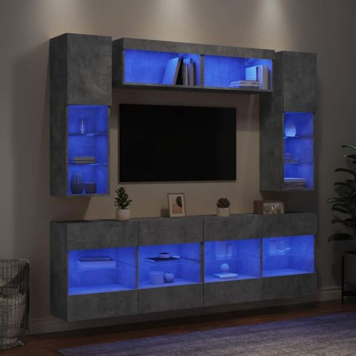 ТВ стенни шкафове, 6 части, с LED светлини, бетонно сиви