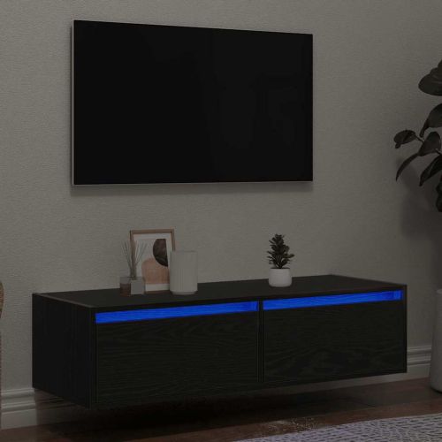 ТВ шкаф с LED осветление, Черен дъб, 100X35,5x25 см