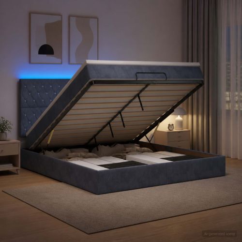 Отоман с матрак и LED с LED ленти Тъмносиво 140 x 190 cm Кадифе