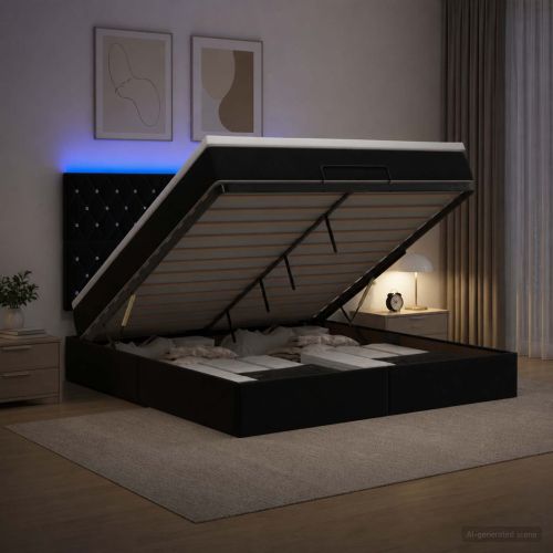 Отоман с матрак и LED с LED ленти Черно 140 x 190 cm Кадифе
