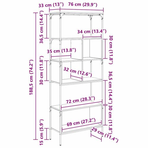 Библиотека 7 нива 76 x 33 x 188,5 см Инженерна дървесина Дъб