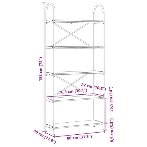 Рафт за книги 5 нива 80 x 30 x 183 см Инженерна дървесина
