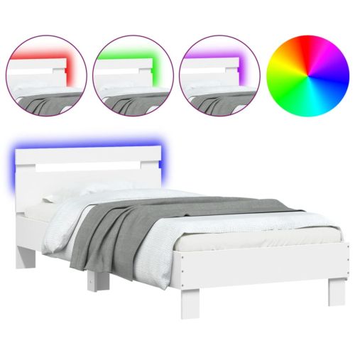 Рамка за легло с табла и LED осветление, бяла, 90x200 см