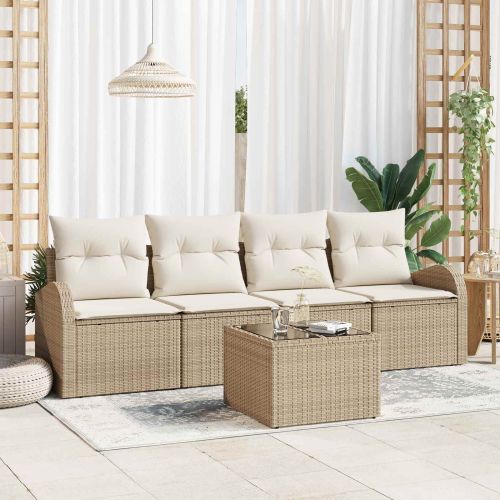 Градински Софа Комплект 5 pcs 4-Seater Бежов и кремав полиратан