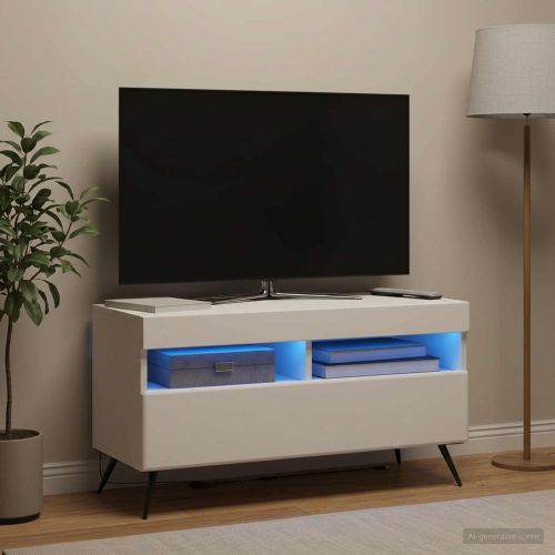 LED телевизионен кабинет Бяло Инженерна дървесина