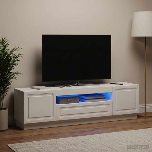 LED телевизионен кабинет Бял гланц Инженерна дървесина
