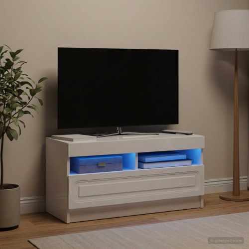 LED телевизионен кабинет Бял гланц Инженерна дървесина