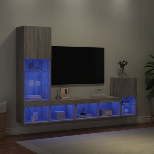 ТВ стенни модули с LED, 4 части, сив сонома, инженерно дърво