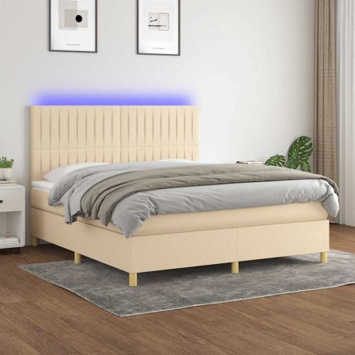 Боксспринг легло с матрак и LED, кремаво, 180x200 см, плат