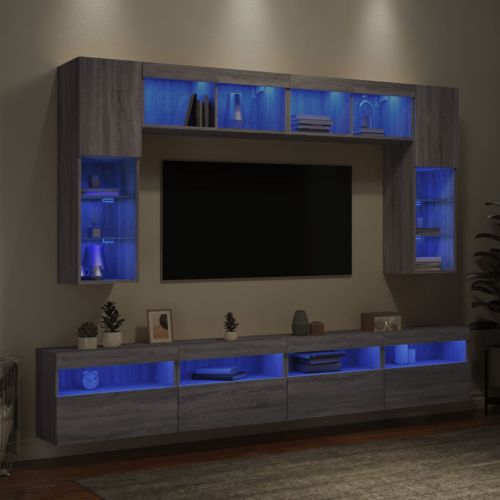 Комплект ТВ стенни шкафове, 8 части, с LED светлини, сив сонома
