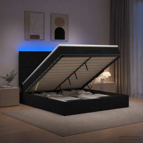 Отоман с матрак и LED с LED ленти Черно 180 x 200 cm Текстил