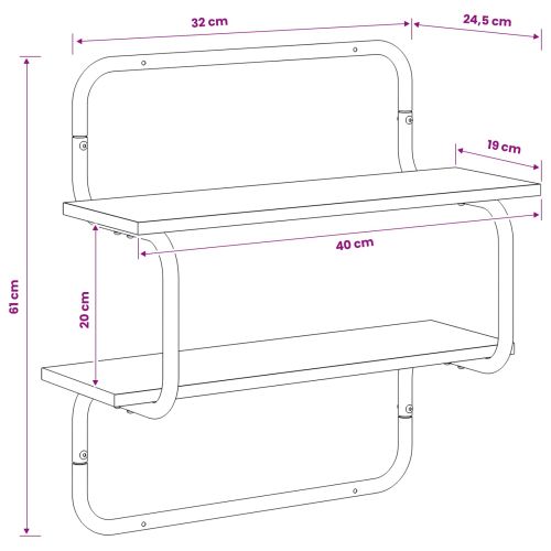 Стенен рафт на 2 нива Черен дъб 40 x 24,5 x 61 см